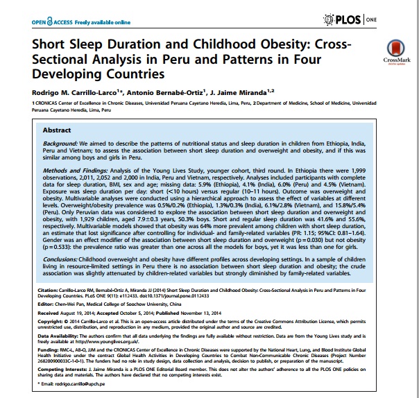 Pocas horas de sueño y obesidad infantil: análisis transversal en el Perú y tendencias en cuatro países en desarrollo (Noviembre 2014)