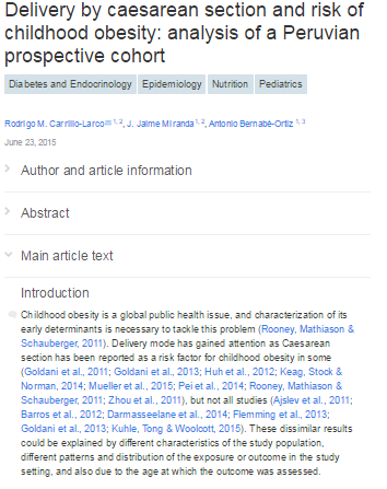 Nacimiento por cesárea y riesgo de la obesidad infantil: análisis longitudinal de una cohorte de niños peruanos