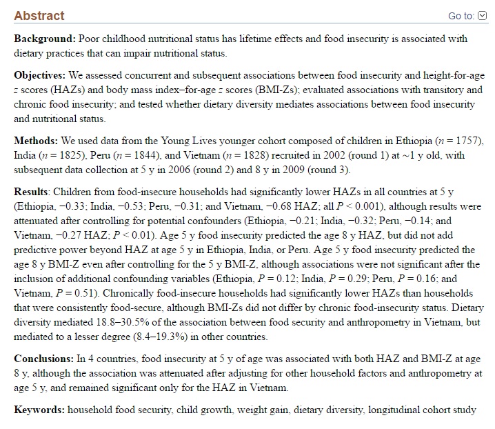 Asociaciones transversales y longitudinales entre la seguridad alimentaria de los hogares y la antropometría infantil a las edades de 5 y 8 años en Etiopía, India, Perú y Vietnam