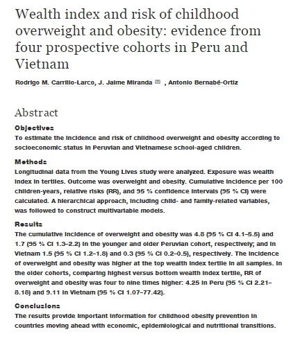 Índice de Bienestar y riesgo de sobrepeso y obesidad infantil: evidencias de cuatro cohortes en Perú y Vietnam