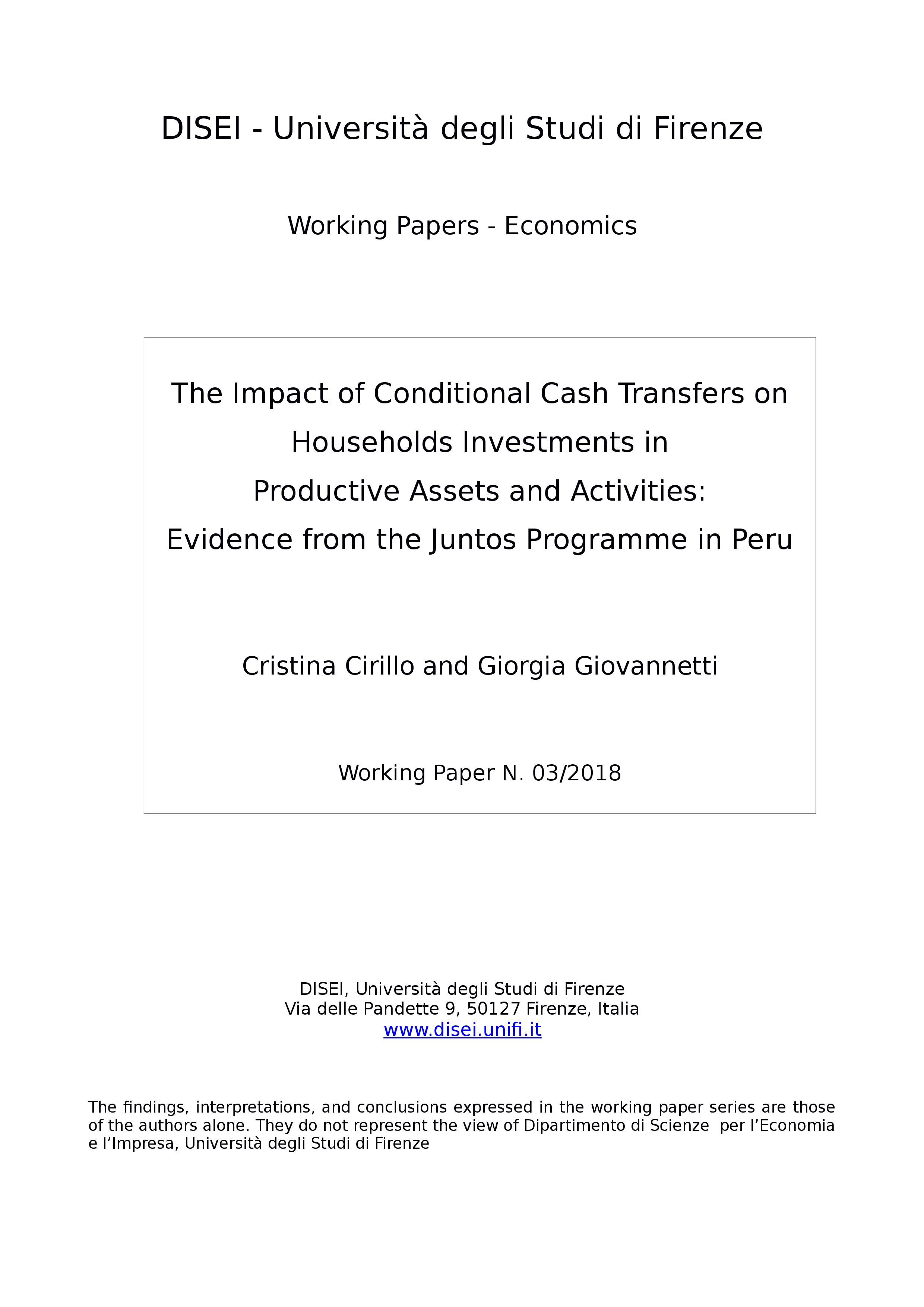 El impacto de las transferencias monetarias condicionadas en las inversiones de los hogares en activos y actividades productivas: Evidencia del Programa Juntos en Perú
