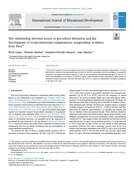 The relationship between access to pre-school education and the development of social-emotional competencies: Longitudinal evidence from Peru
