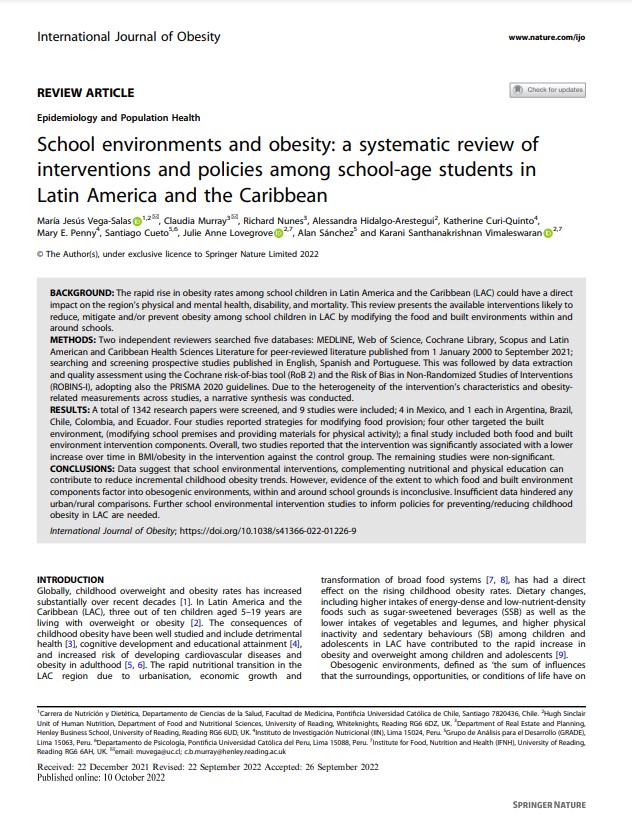 Entornos escolares y obesidad: Revisión sistemática de intervenciones y políticas para niños en edad escolar de América Latina y el Caribe